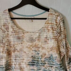 Cream and Tan Ribbed Blouse with Long Sleeves